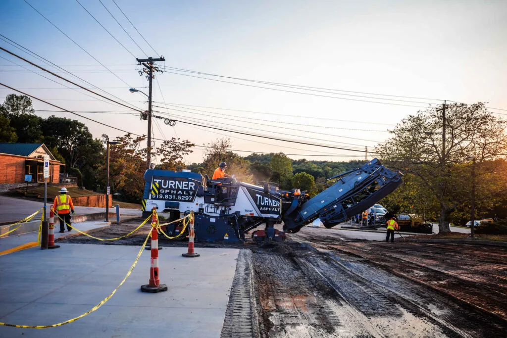 turner asphalt paving project in raleigh nc, milling truck on milled asphalt street