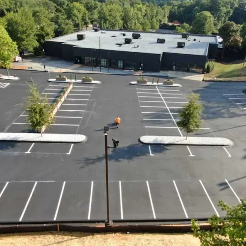 aerial view of freshly paved parking lot