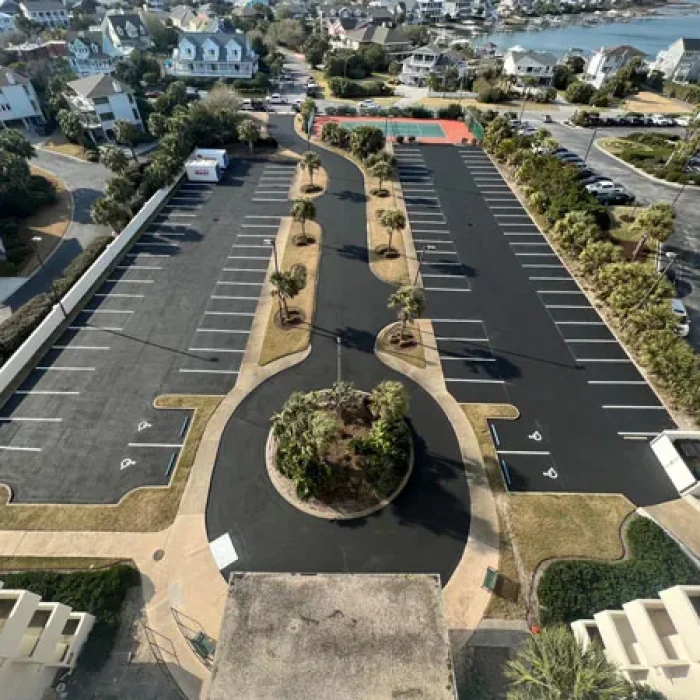 Aerial view of parking lot after sealcoating
