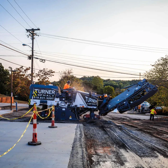 turner asphalt paving project in raleigh nc, milling truck on milled asphalt street