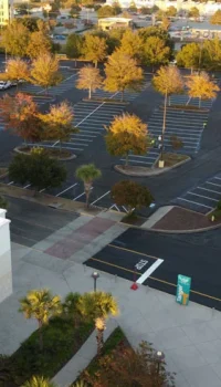 aerial view of a shopping center parking lot
